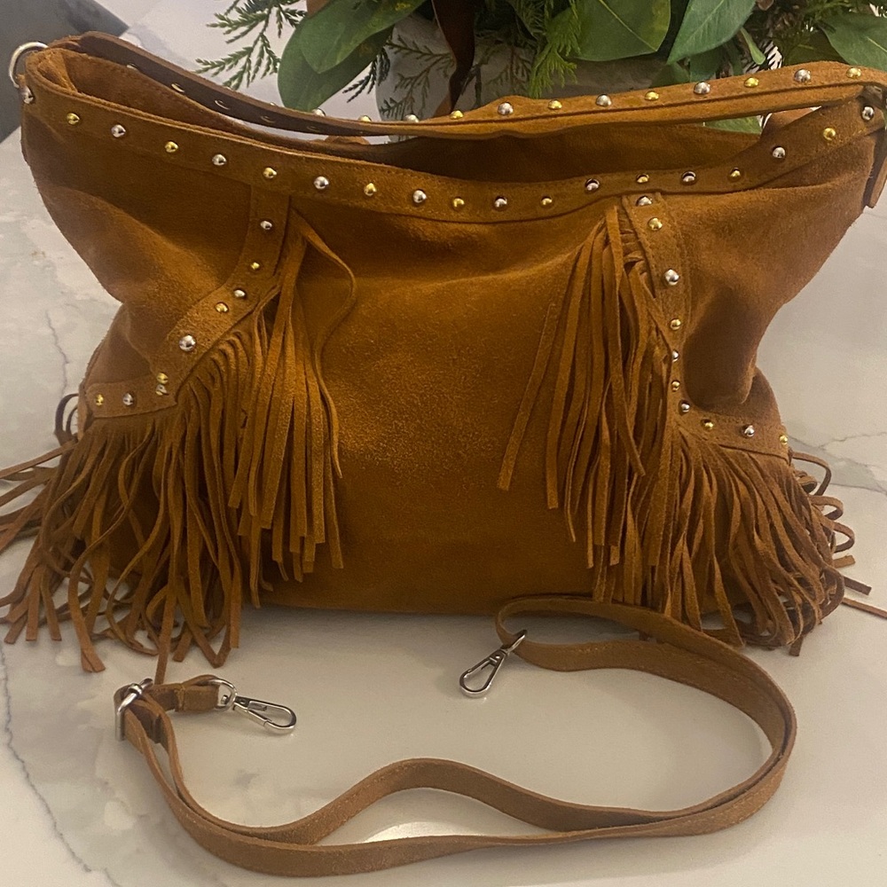 Leather Fringed Tan Suede Shoulder Bag
